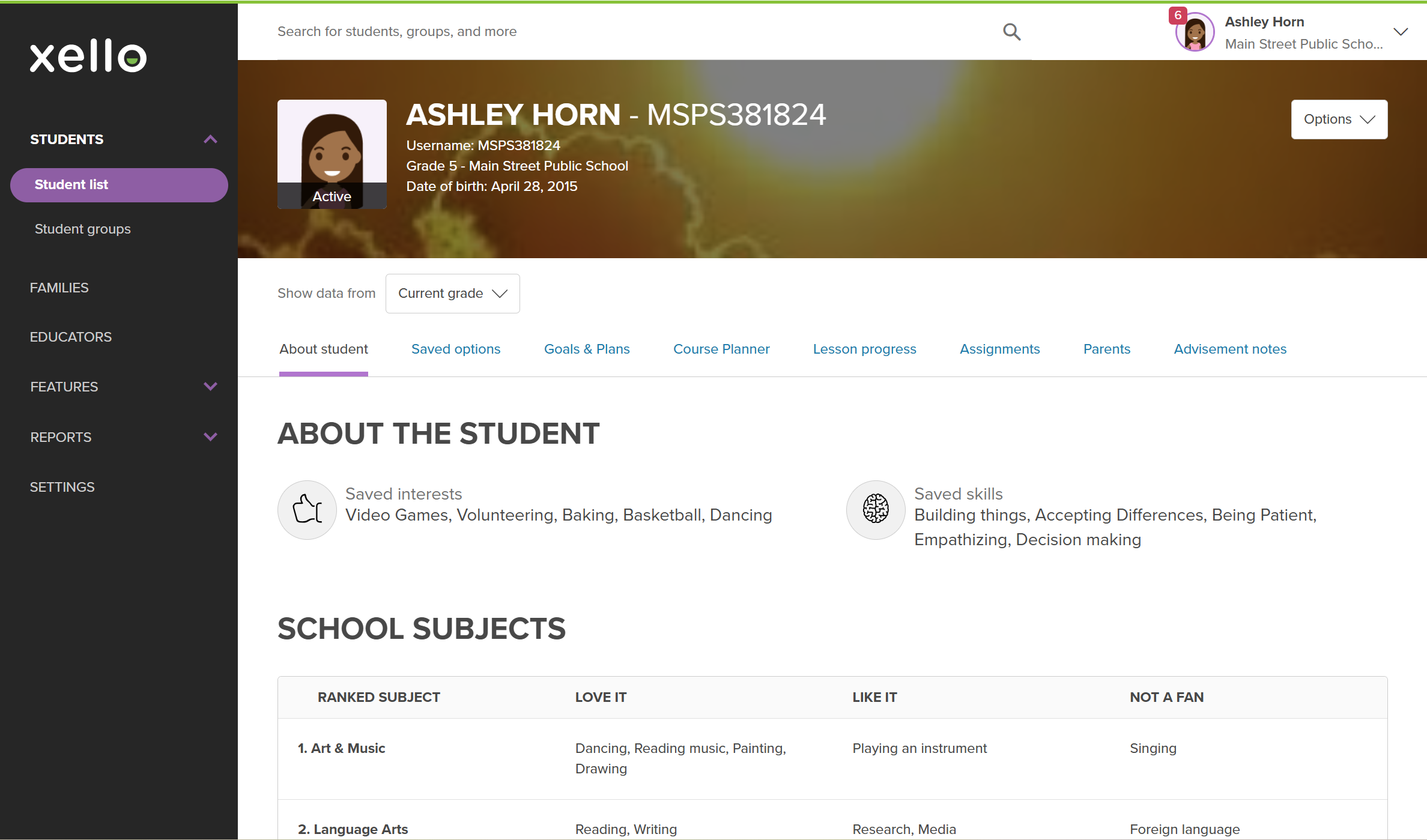 Click to enlarge Educator account in Xello. A grade 5 student profile is open to the About student tab with the student's saved interests, skills and school subjects